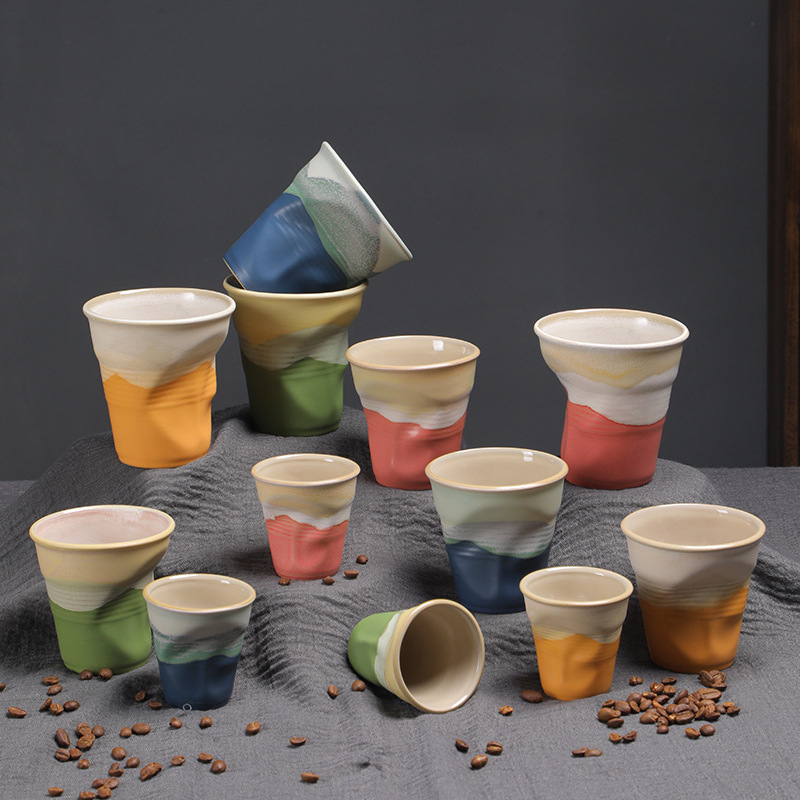 Assorted Color Ombre Glaze Crumpled Style Ceramic Cups Collection