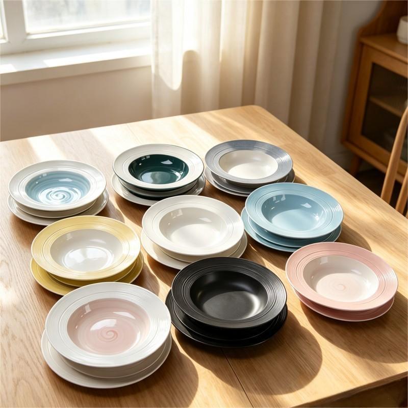 Assorted Color Swirl Pattern Ceramic Pasta Plates Collection