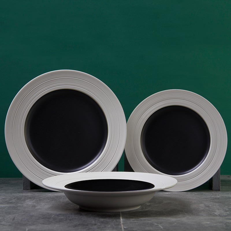 Black and White Ribbed Rim Ceramic Plates and Bowl Set