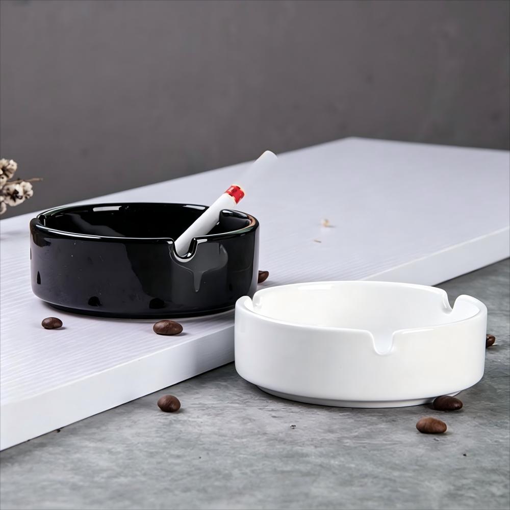 Black and White Round Ceramic Ashtrays with Cigarette