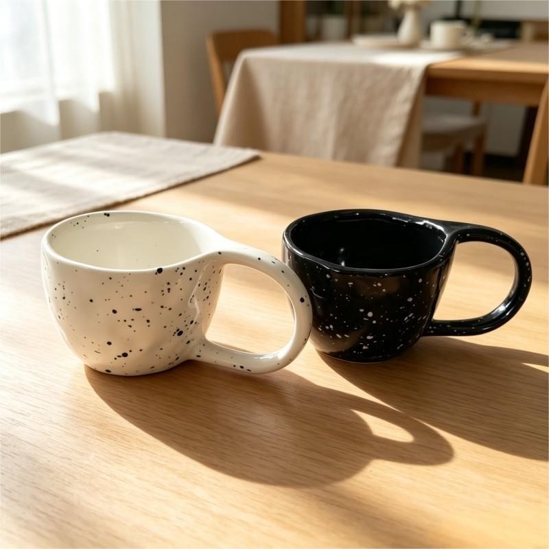 Black and White Speckled Ceramic Mugs with Wide Handles