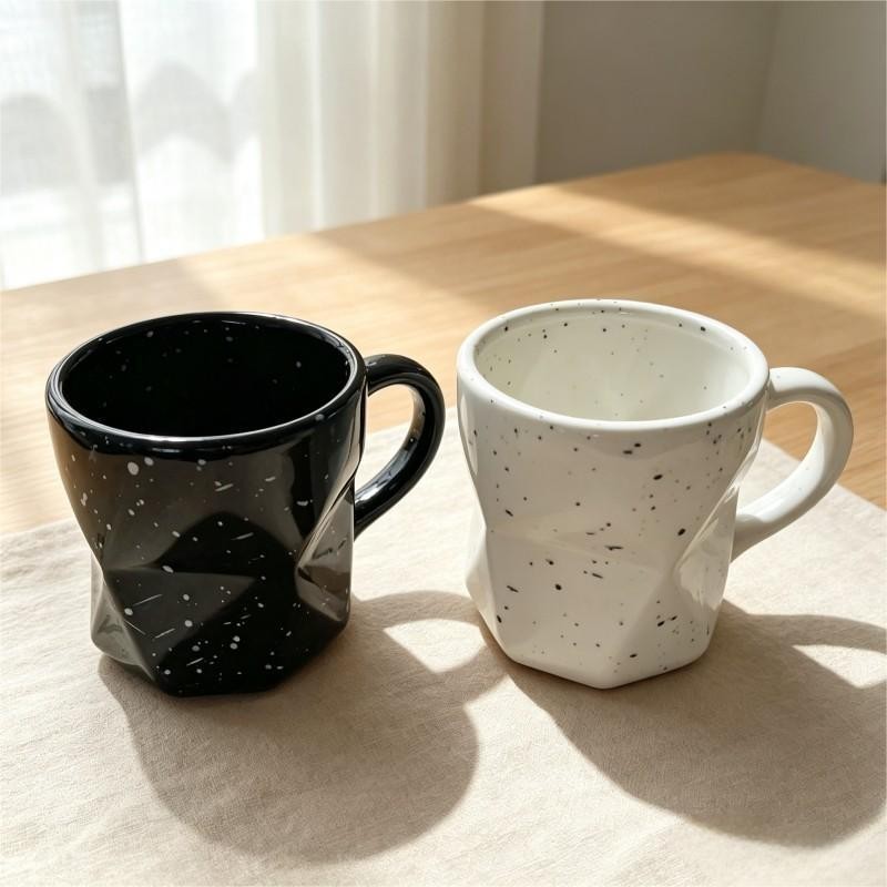 Black and White Speckled Faceted Ceramic Mugs Pair 2