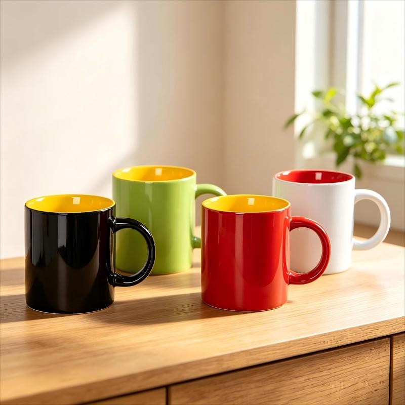 Black Green Red and White Glossy Ceramic Mugs Set of Four