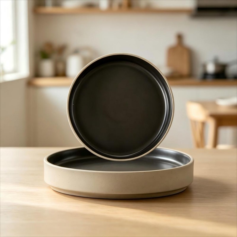 Black Interior Beige Rim Ceramic Plates Stacked Angled