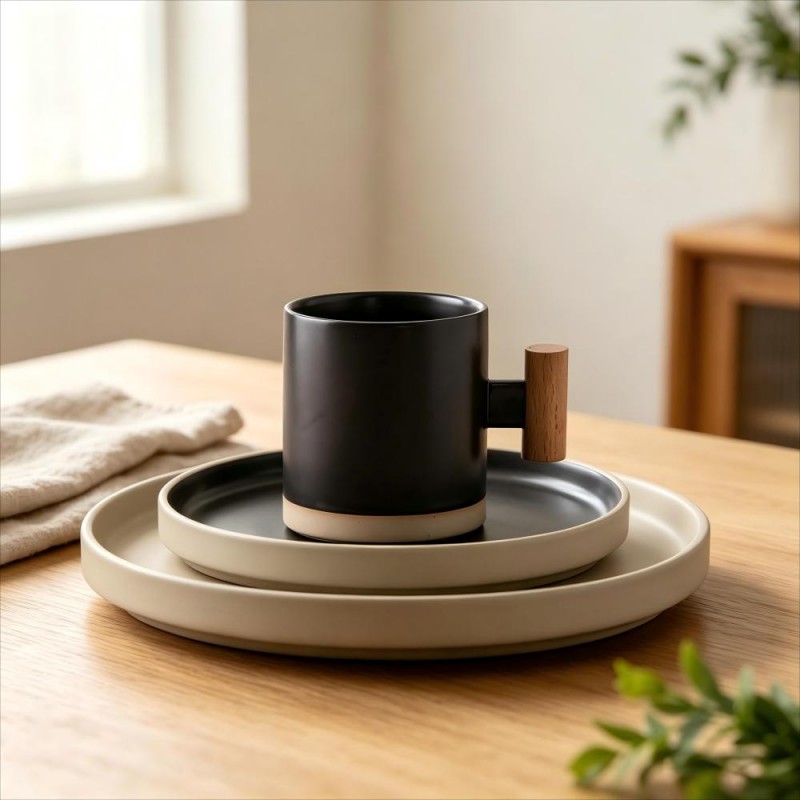 Black Mug with Wood Handle on Stacked Beige Ceramic Plates