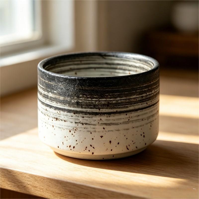 Black Rim White Speckled Ceramic Bowl Wide