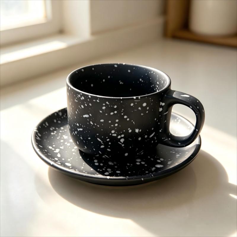 Black Speckled Ceramic Cup and Saucer Set