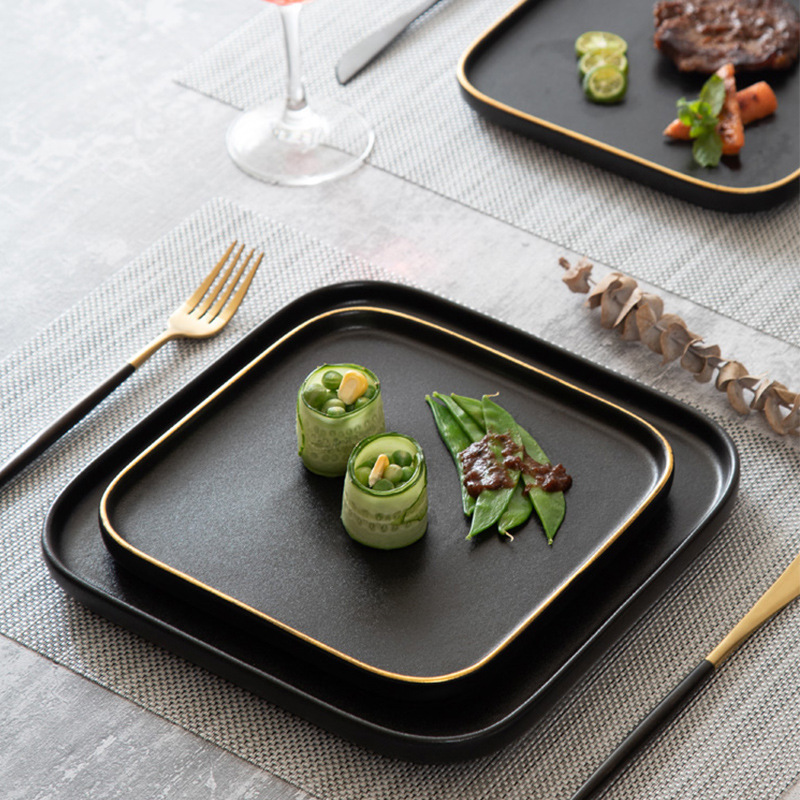 Black Square Ceramic Plates with Gold Rim and Vegetable Appetizer