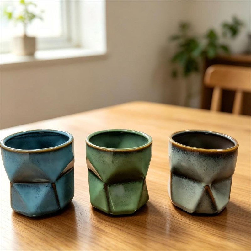 Blue Green and Grey Faceted Ceramic Cups Trio