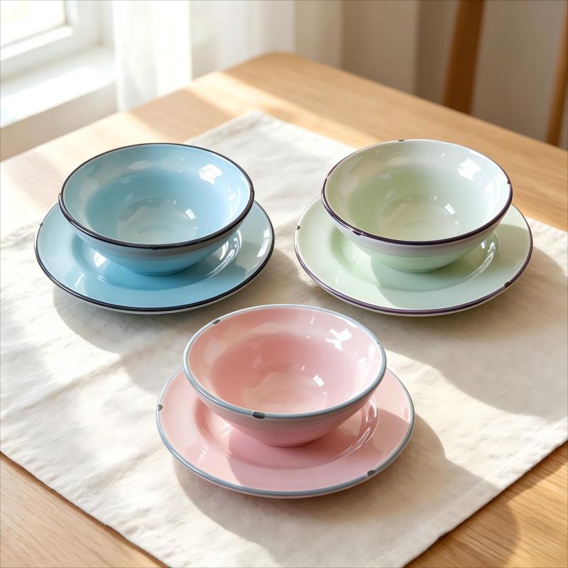 Blue Green and Pink Ceramic Bowl and Saucer Trio