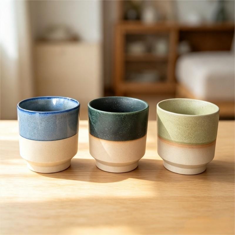 Blue Green and Sage Reactive Glaze Stoneware Cups Trio 2