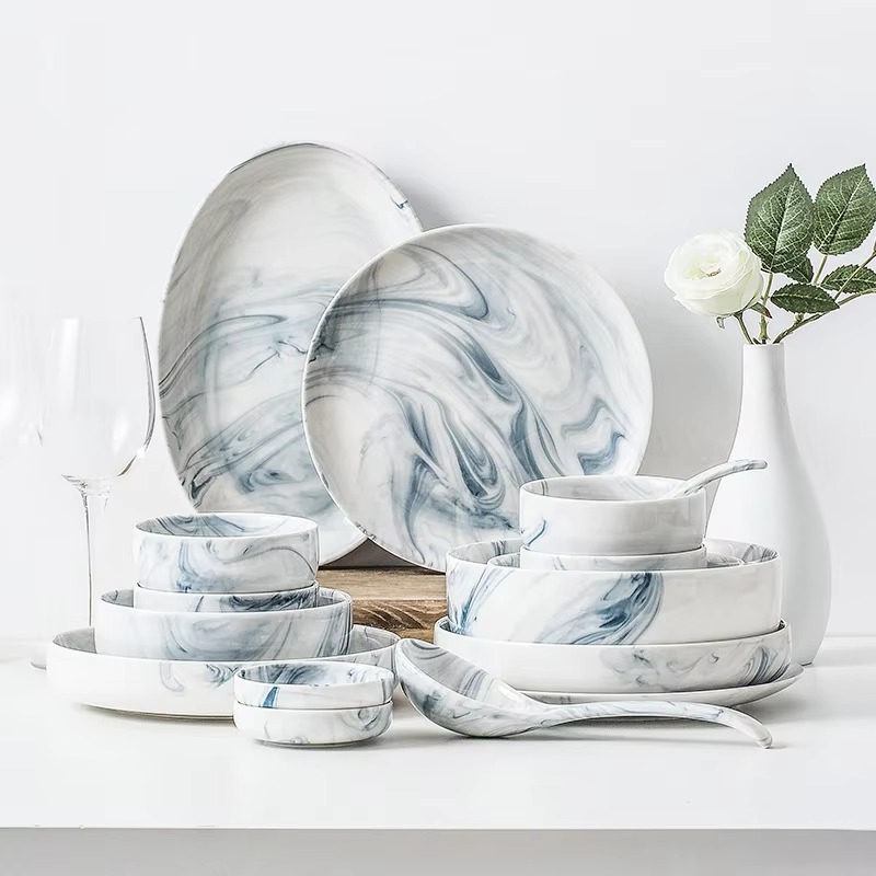 Blue Marble Glazed Ceramic Dinnerware Set with Wine Glass