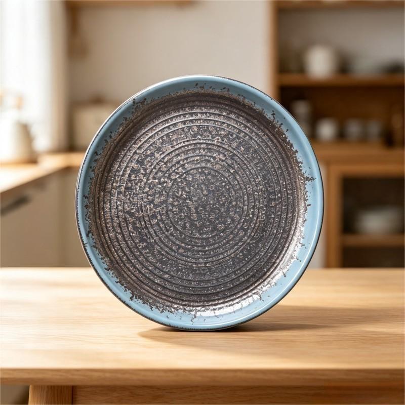 Blue Rim Charcoal Textured Ceramic Plate Standing 2