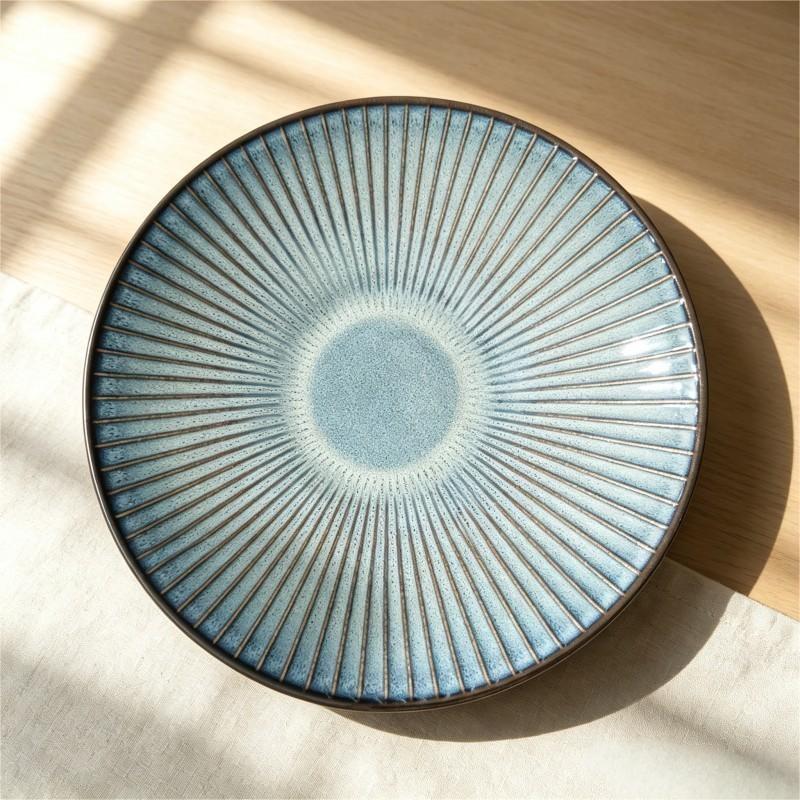 Blue Sunburst Ribbed Ceramic Plate Top View