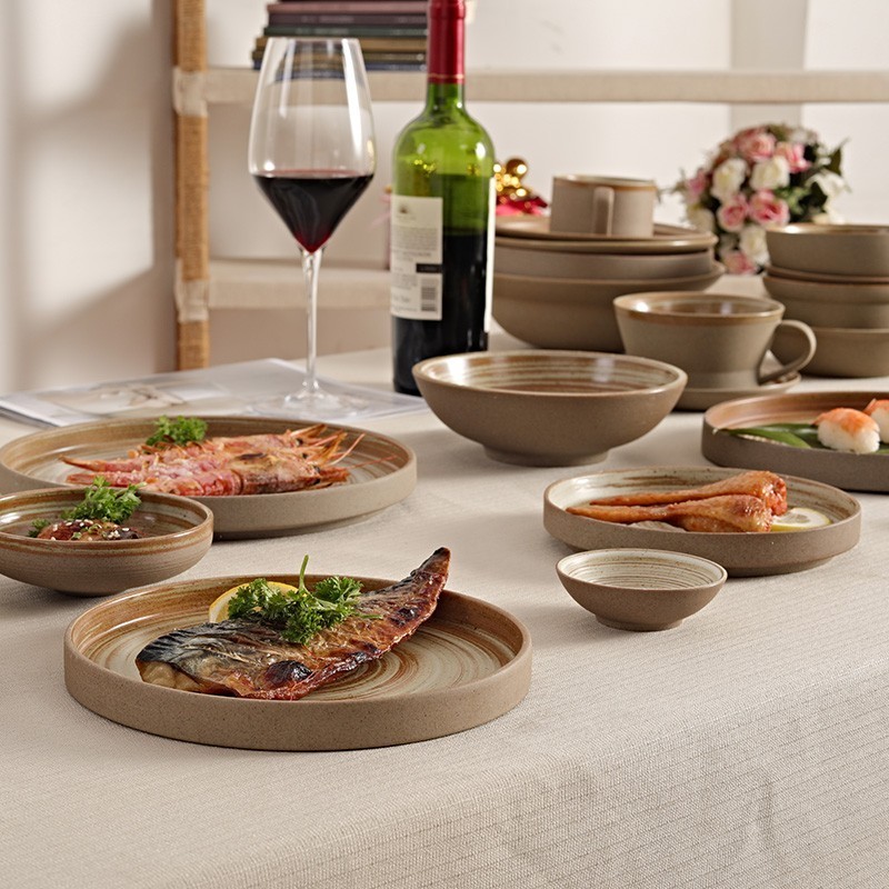 Brown Speckled Ceramic Dinnerware with Grilled Fish and Seafood