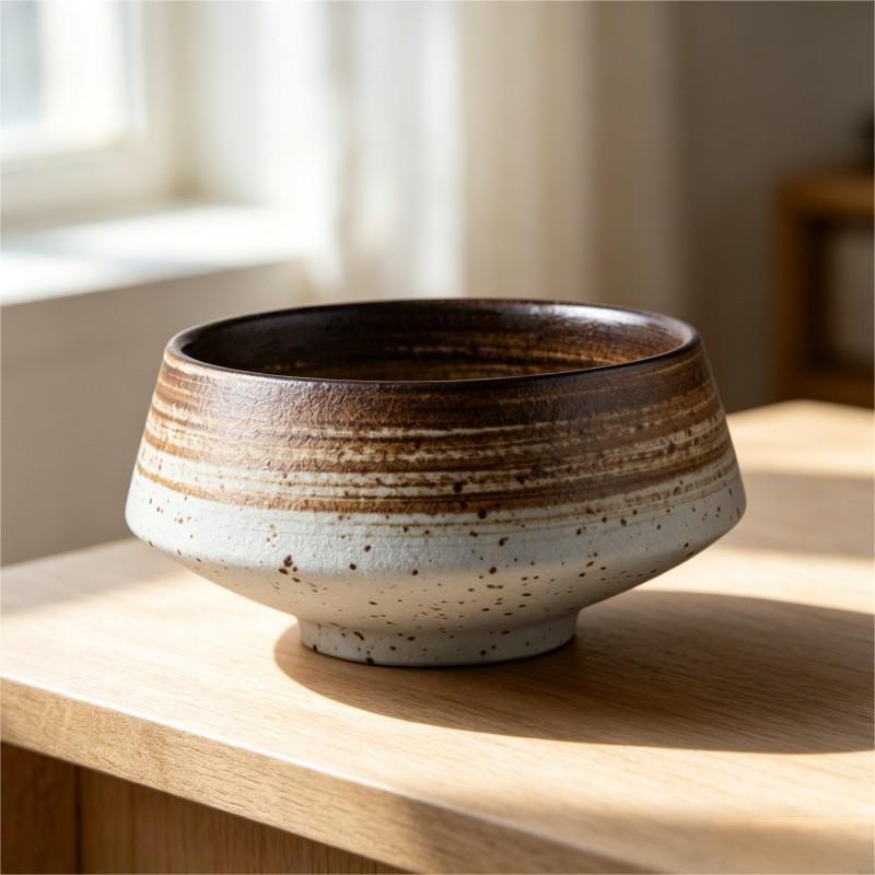 Brown to White Ombre Ceramic Bowl with Ridged Texture