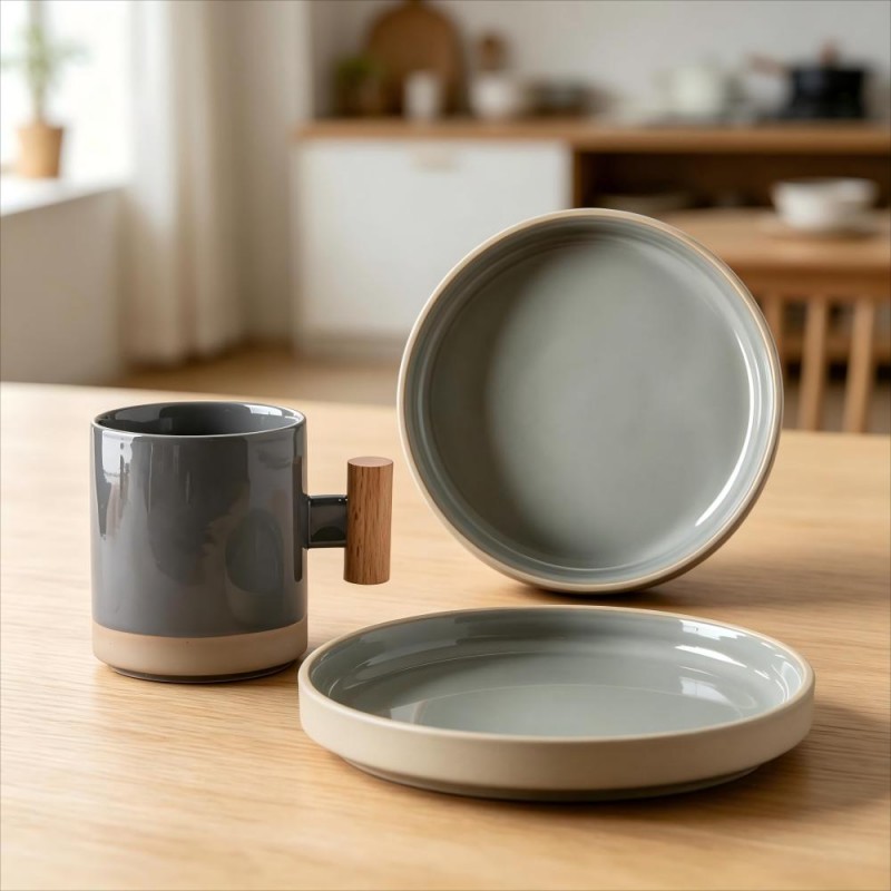 Charcoal Gray Mug with Wood Handle and Sage Ceramic Plates