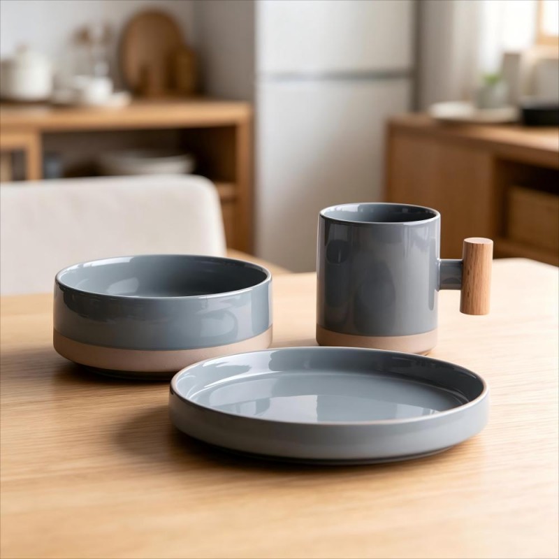 Charcoal Gray Two-Tone Ceramic Bowl Mug and Plate Set