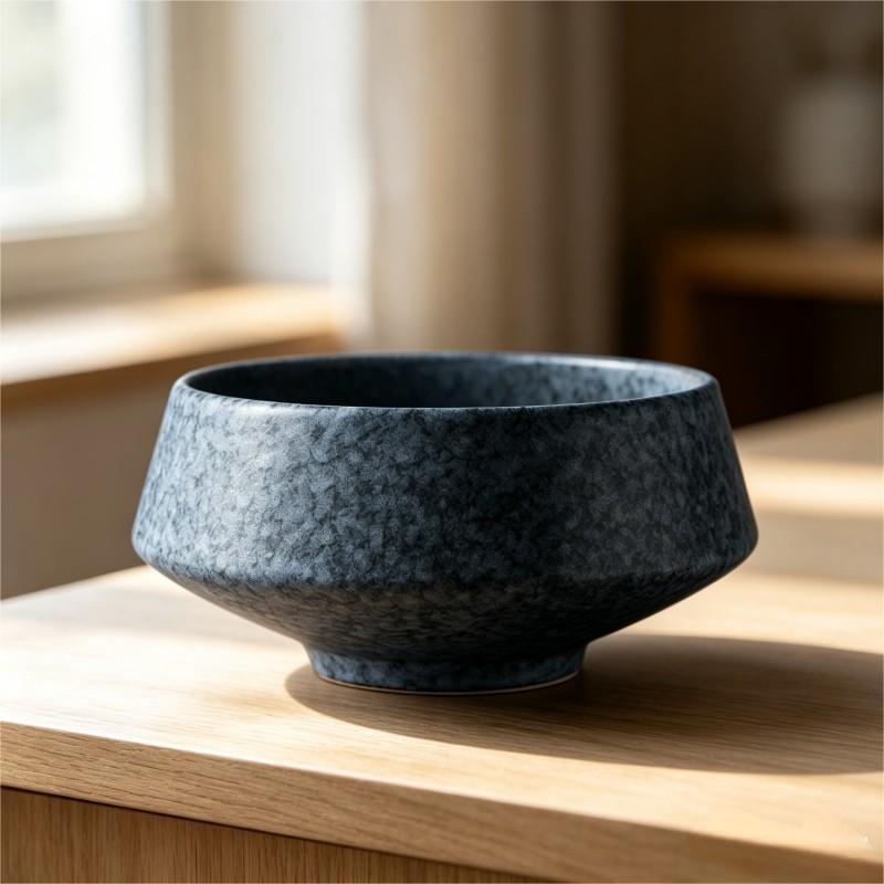 Charcoal Grey Mottled Glaze Faceted Ceramic Bowl