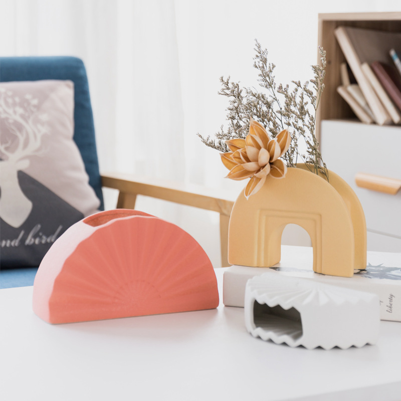 Coral and Mustard Arch Shaped Ceramic Vases with Dried Florals