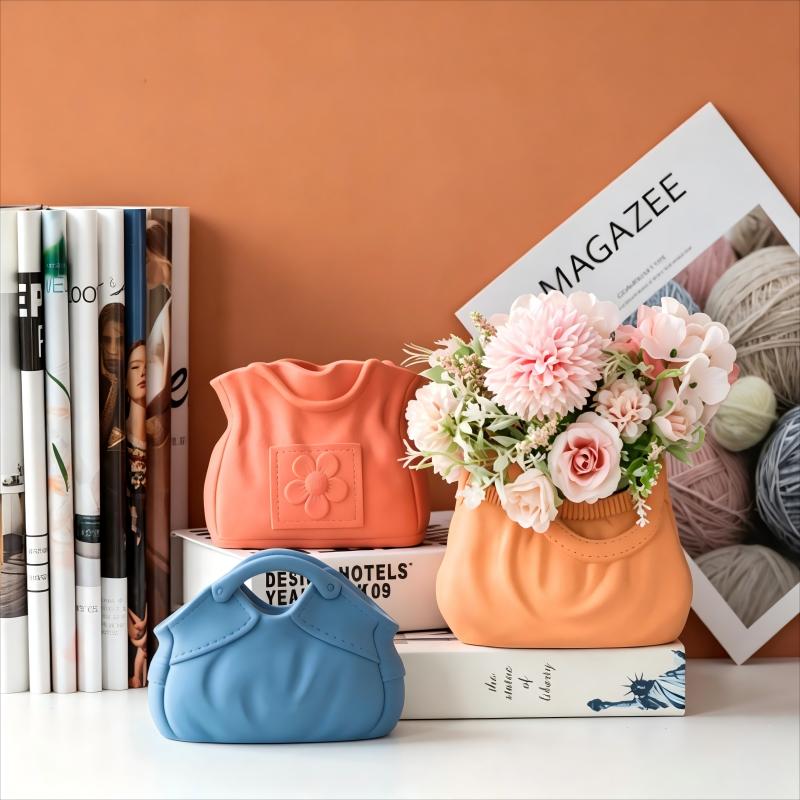 Coral Orange and Blue Handbag Shaped Ceramic Vases with Flowers