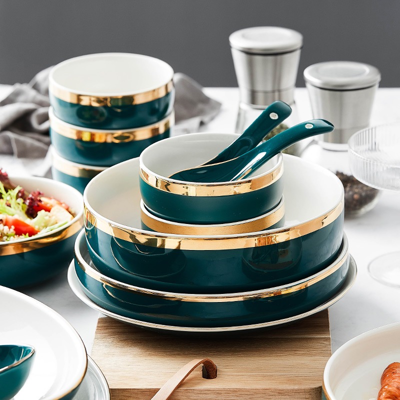 Dark Teal and Gold Rim Ceramic Bowls Plates and Spoons Set