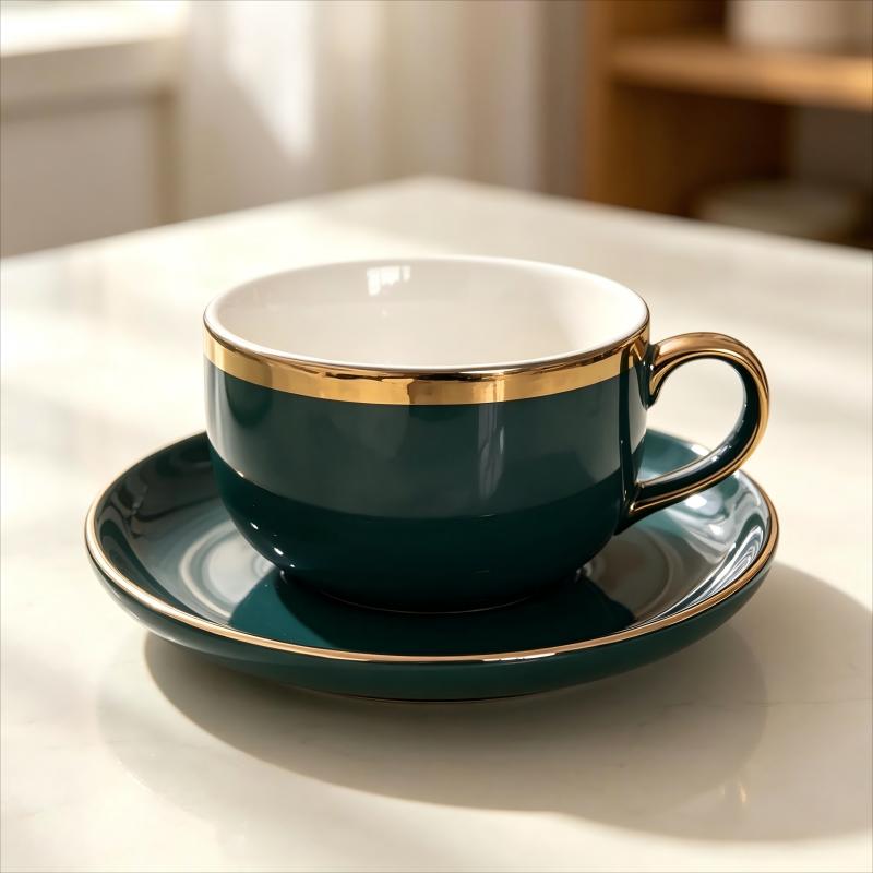 Dark Teal and Gold Rim Ceramic Cup and Saucer