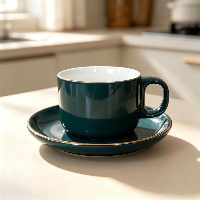 Dark Teal Ceramic Cup and Saucer with White Interior