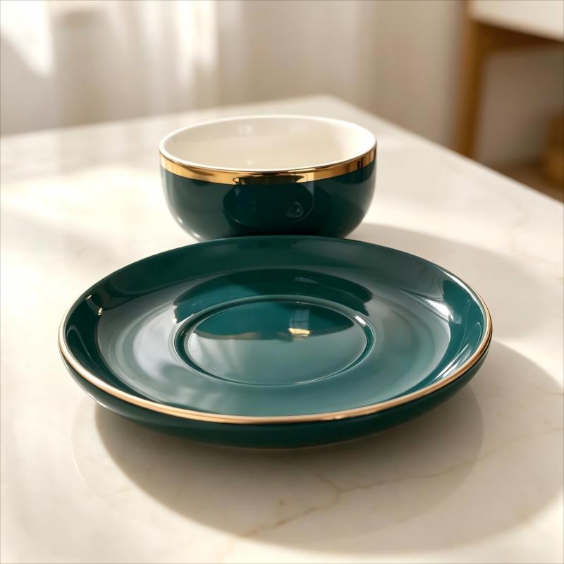 Dark Teal Gold Rim Ceramic Bowl and Saucer Set