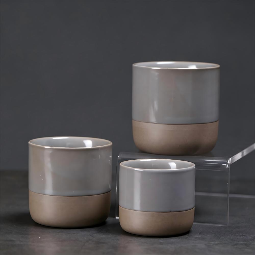 Grey Glazed Ceramic Tumblers with Tan Base Set of Three