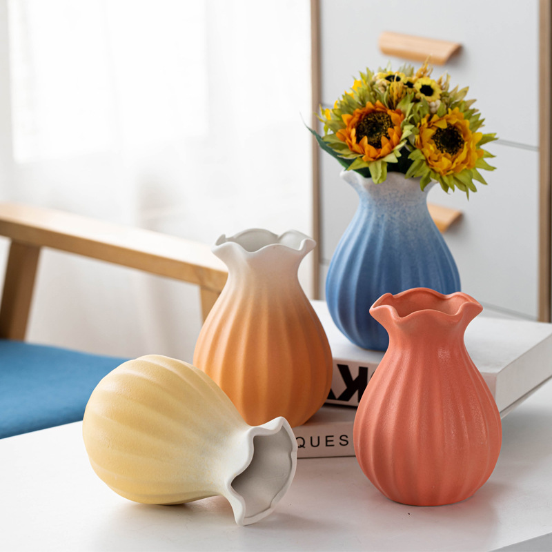 Grey Orange Blue and Coral Ruffled Rim Ceramic Vases with Sunflowers