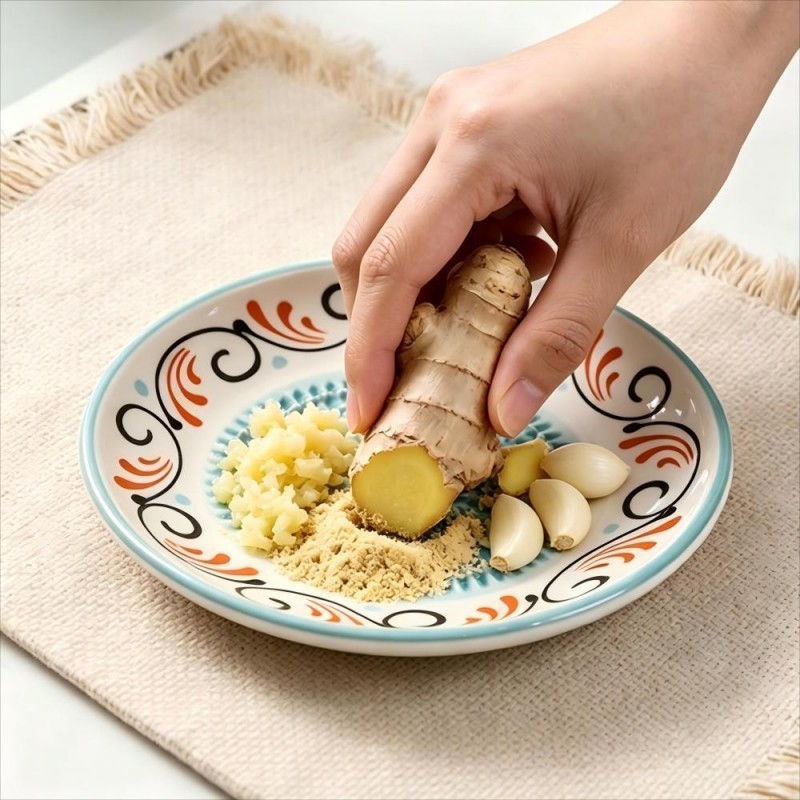 Hand-Painted Floral Ceramic Plate with Ginger and Garlic