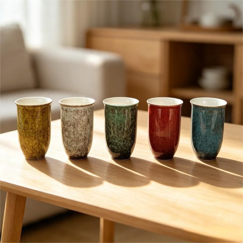 Mustard Grey Green Red and Teal Glazed Ceramic Tumblers Set of Five 2