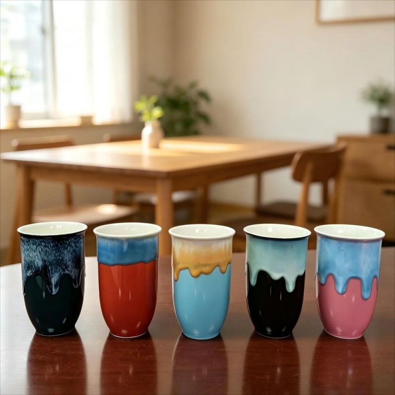 Navy Red Amber Sky Blue and Pink Drip Glaze Ceramic Tumblers Set of Five