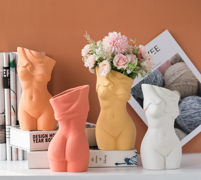 Orange Coral Yellow and White Female Torso Ceramic Vases with Florals