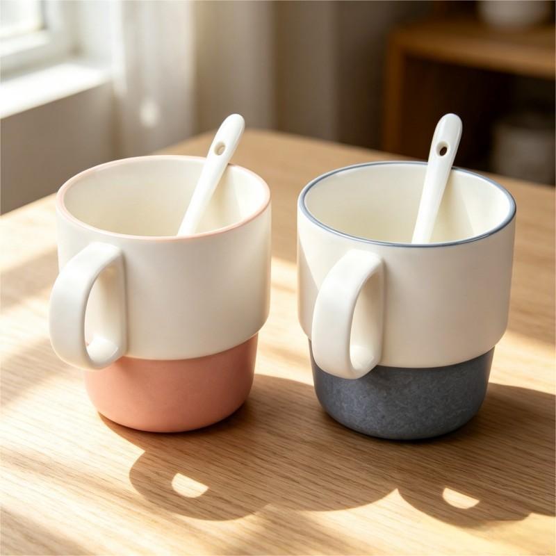 Pink and Blue Rim White Ceramic Mugs with Spoons