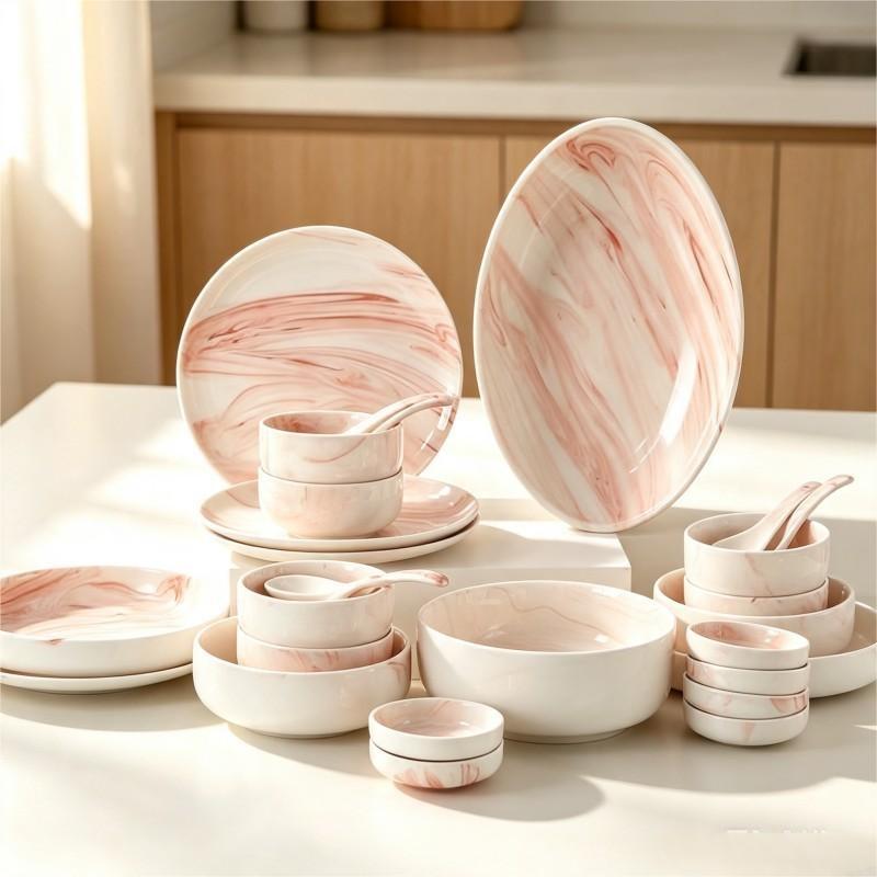 Pink Marble Glazed Ceramic Dinnerware Set with Spoons