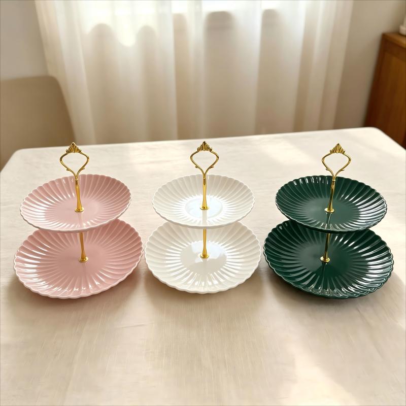 Pink White and Dark Green Scalloped Tiered Ceramic Stands with Gold Handle