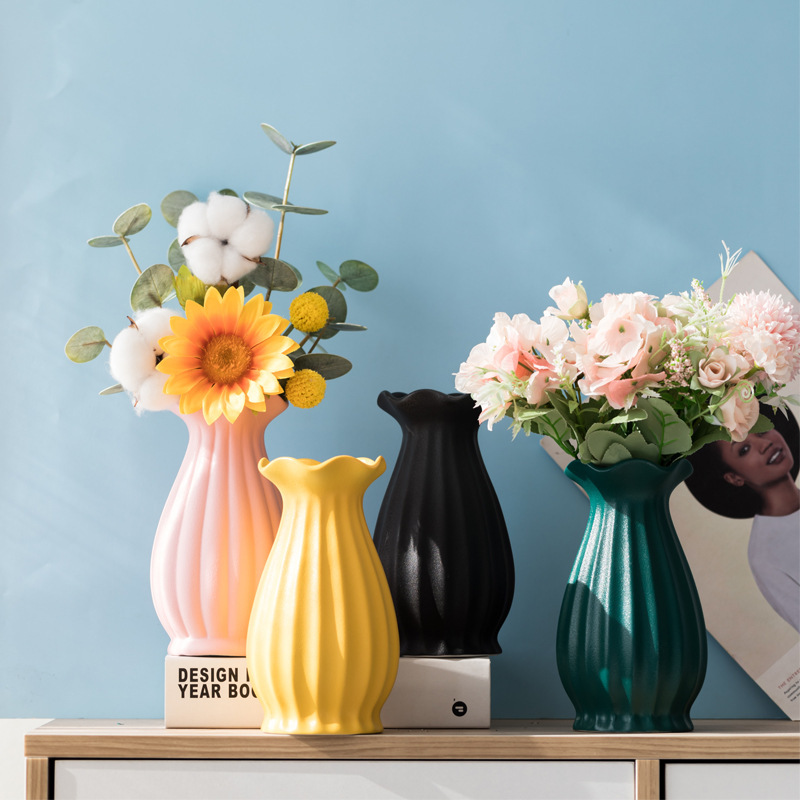 Pink Yellow Black and Teal Ruffled Rim Ceramic Vases with Florals