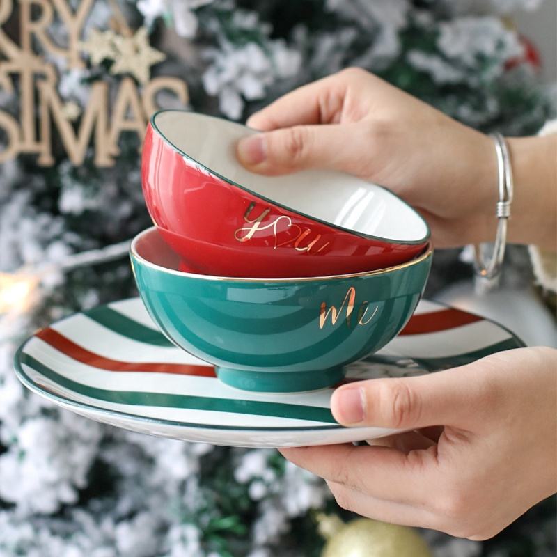 Red and Green Gold Rim Ceramic Bowls with You and Me Script on Striped Plate