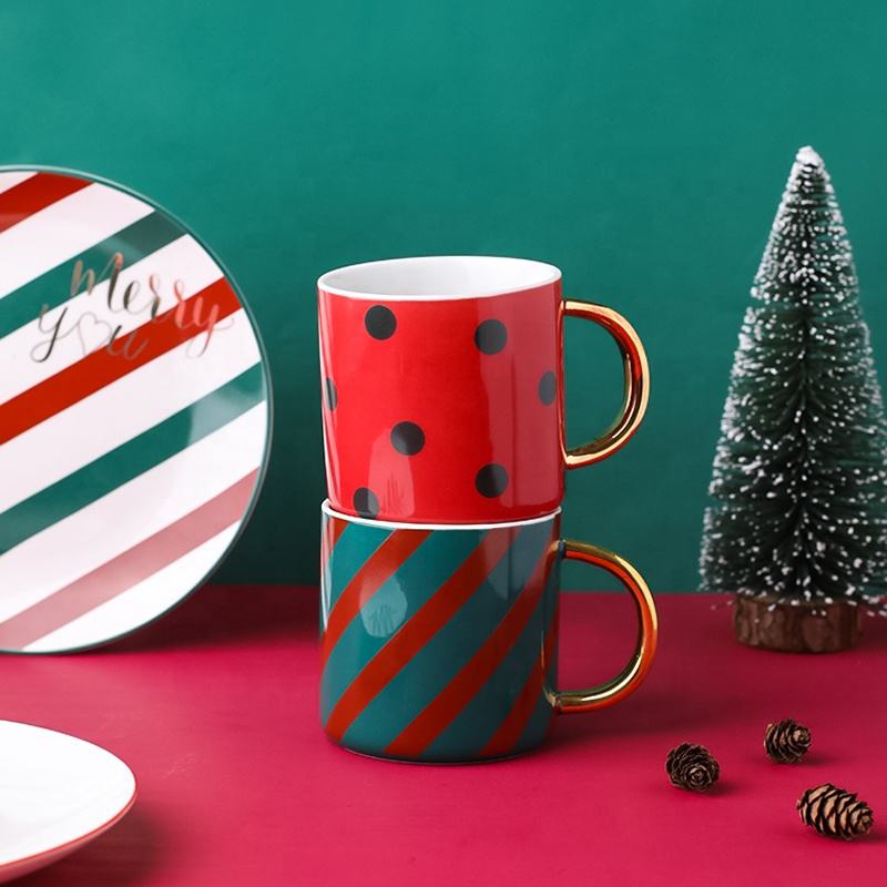 Red and Green Striped Ceramic Mugs with Gold Handles and Holiday Plate