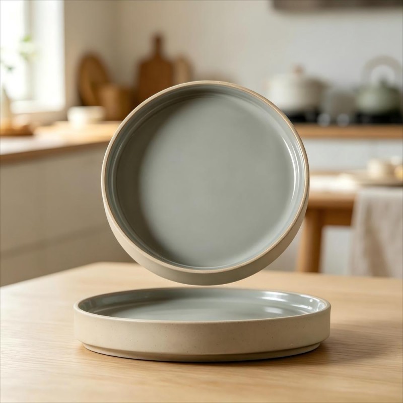 Sage Gray Two-Tone Ceramic Plates Stacked Angled