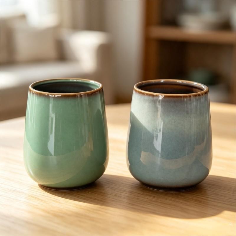 Sage Green and Slate Blue Glazed Stoneware Tumblers Pair
