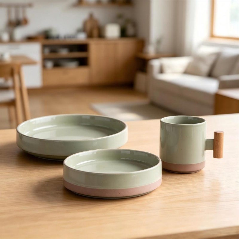 Sage Green and Terracotta Two-Tone Ceramic Dinnerware Set with Wood Handle Mug