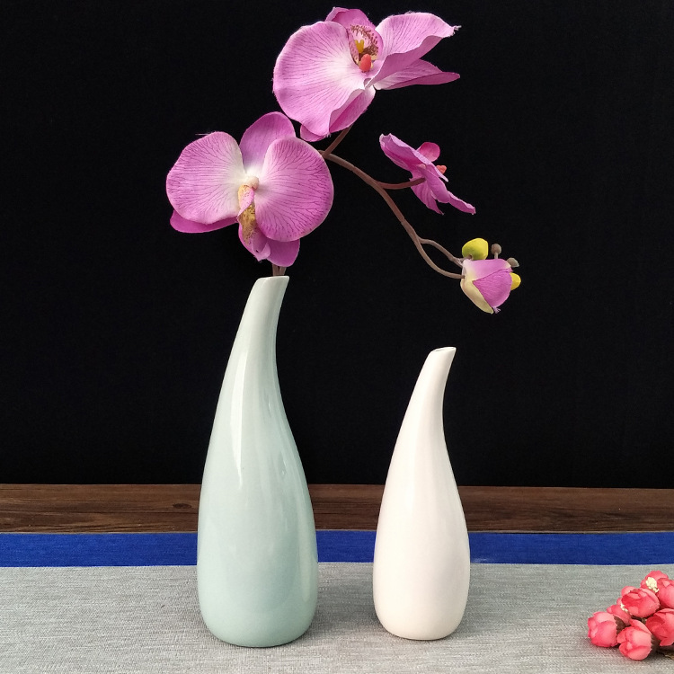 Sage Green and White Teardrop Ceramic Bud Vases with Orchid