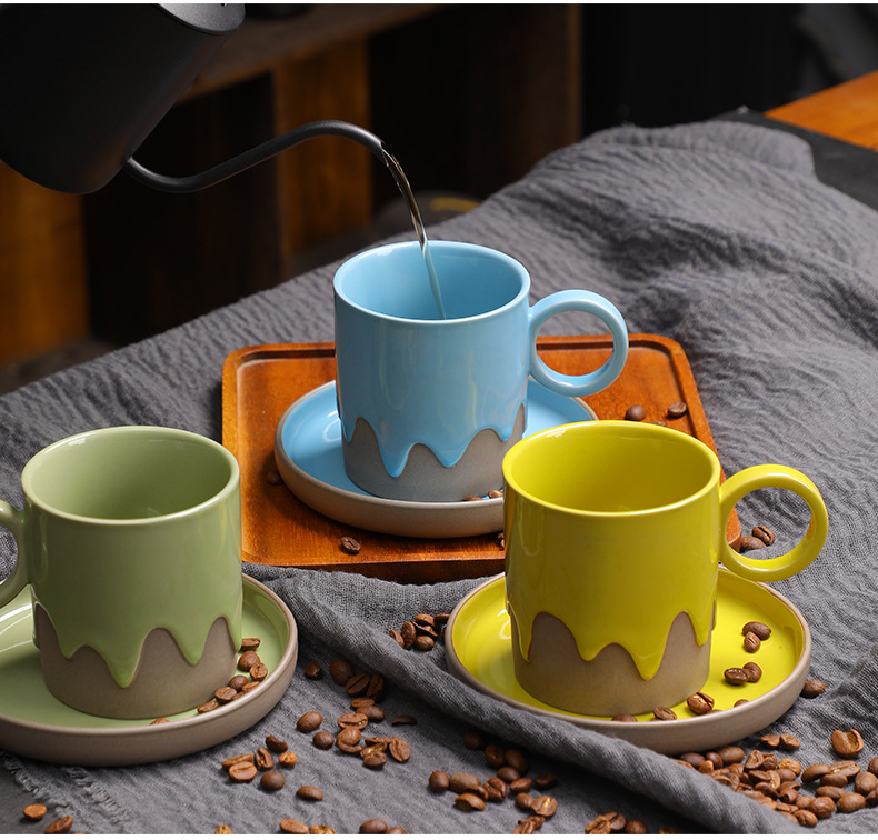 Sage Green Sky Blue and Yellow Drip Glaze Ceramic Cup and Saucer Set