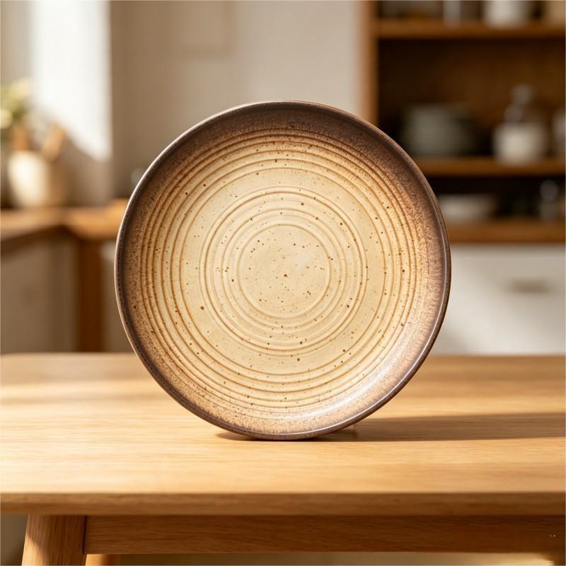 Tan Beige Ribbed Ceramic Plate Standing 2