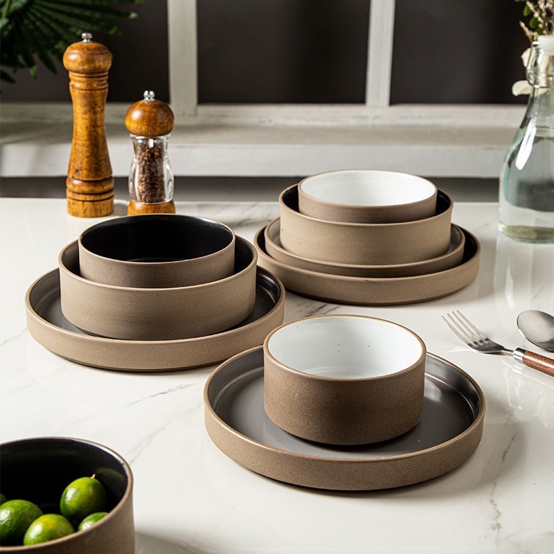 Taupe Brown Stacked Ceramic Bowls and Plates with Lime Bowl