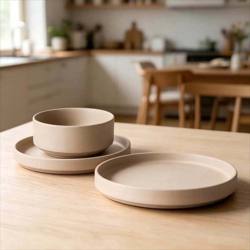 Taupe Matte Ceramic Bowl and Plates Stacked