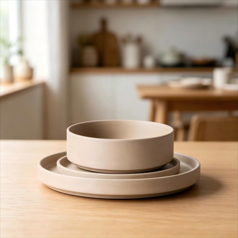 Taupe Matte Ceramic Bowl on Stacked Plates Table View